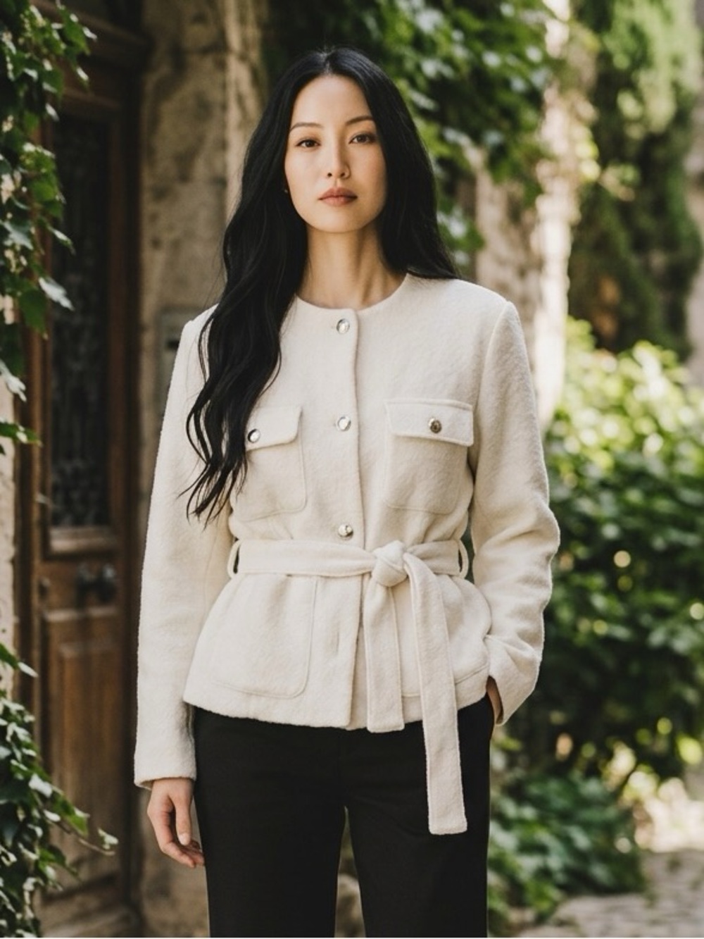 Cream Belted Quilted Jacket with gold Buttons